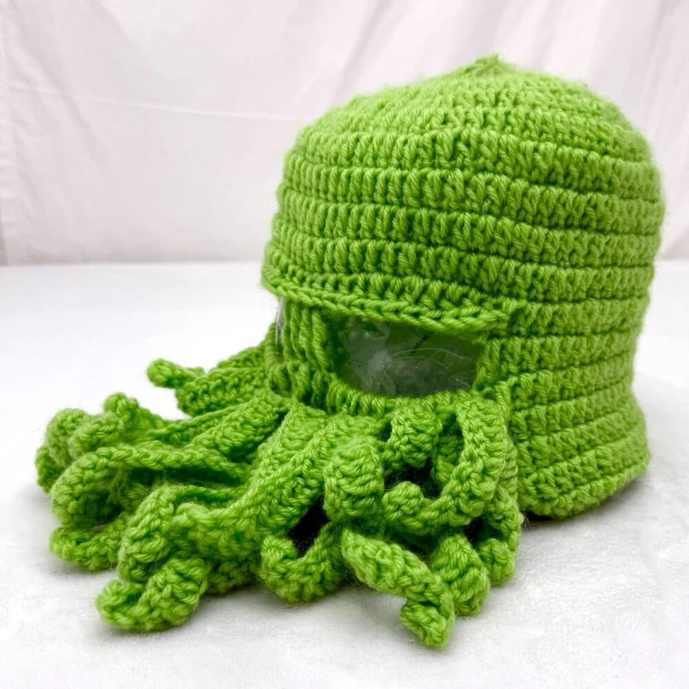 Handmade Knit Cthulhu Mask/Hat Green w/Tentacles & Eye Holes